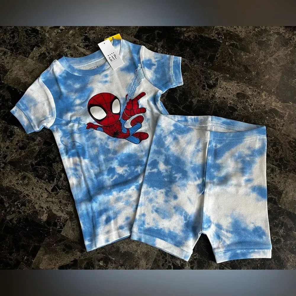 Gap Kid's Marvel Spider-Man PJ Set 100% Organic Cotton Allover Tie Dye Snug Fit